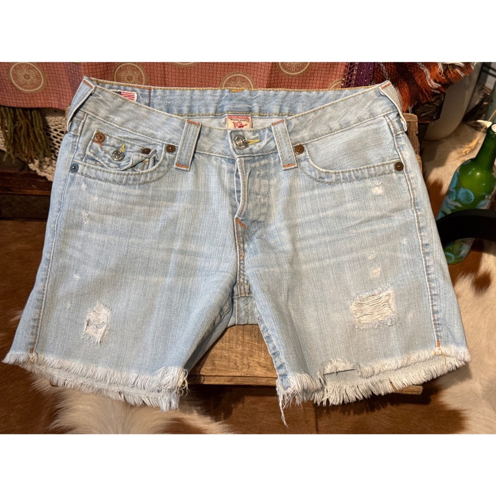 True Religion Jayde Shorts 27 Light Wash Y2K Cut Off Denim - Picture 2 of 9